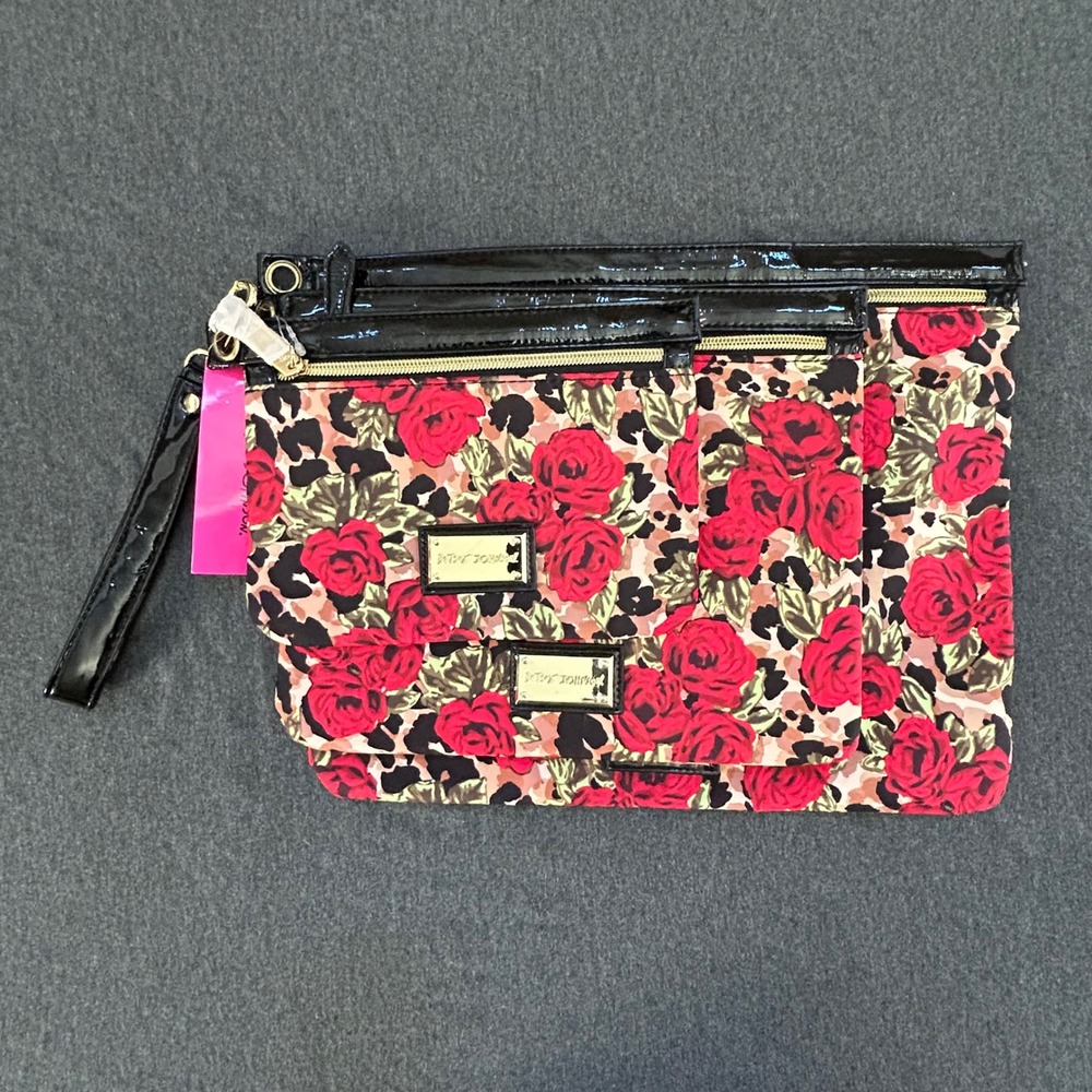 Betsey Johnson 3 Pc Pouch Set Misty Roses Leopard Wristlet NWT